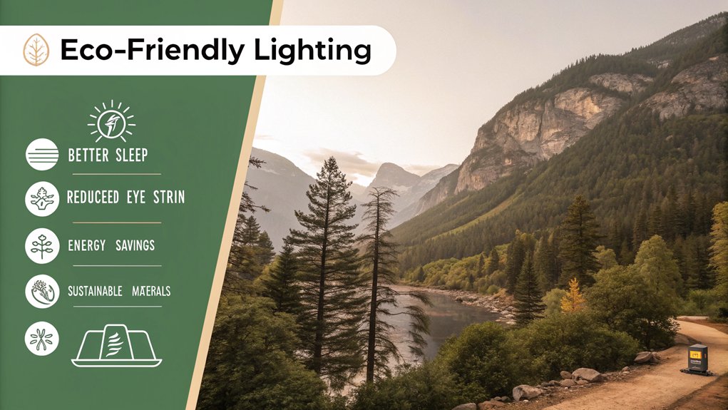 An infographic showing eco-friendly desk lighting benefits for PC users. Include: LED options, blue light filtering, circadian rhythm support, energy efficiency statistics, and ergonomic positioning. Use earth tones, nature imagery, and minimalist design with icons representing sleep cycles and reduced eye strain.