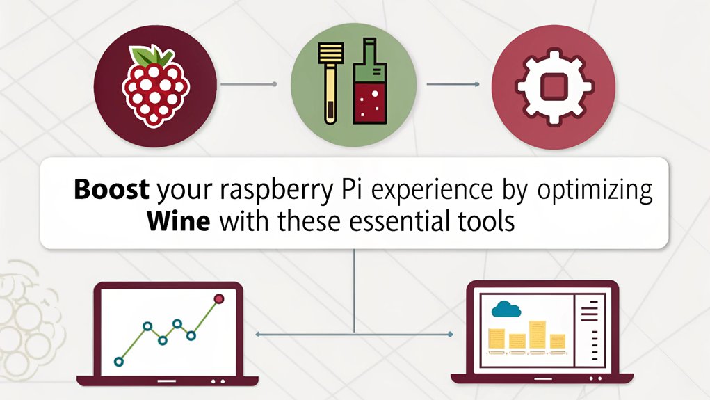 An infographic showcasing tools to enhance WINE for running Windows apps on a Raspberry Pi.