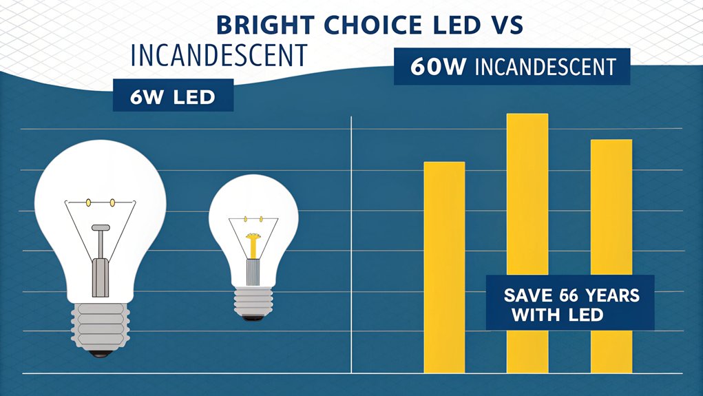 An infographic comparing incandescent vs. LED bulbs for desk lamp power consumption, showing power consumption watts, equivalent brightness, annual energy costs, lifespan hours, and impact on computer energy usage. Include graphs for cost comparison over time.