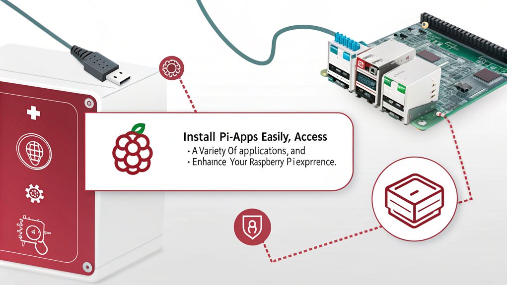 An infographic illustrating the steps for installing Pi-Apps on a Raspberry Pi, highlighting essential tips and requirements.