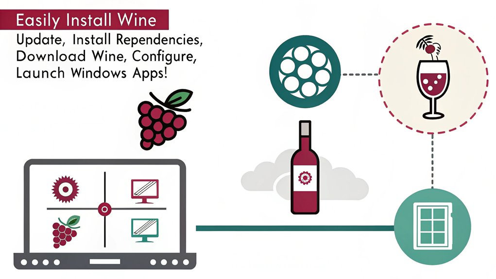 An infographic detailing the steps to install WINE on a Raspberry Pi for running Windows applications.