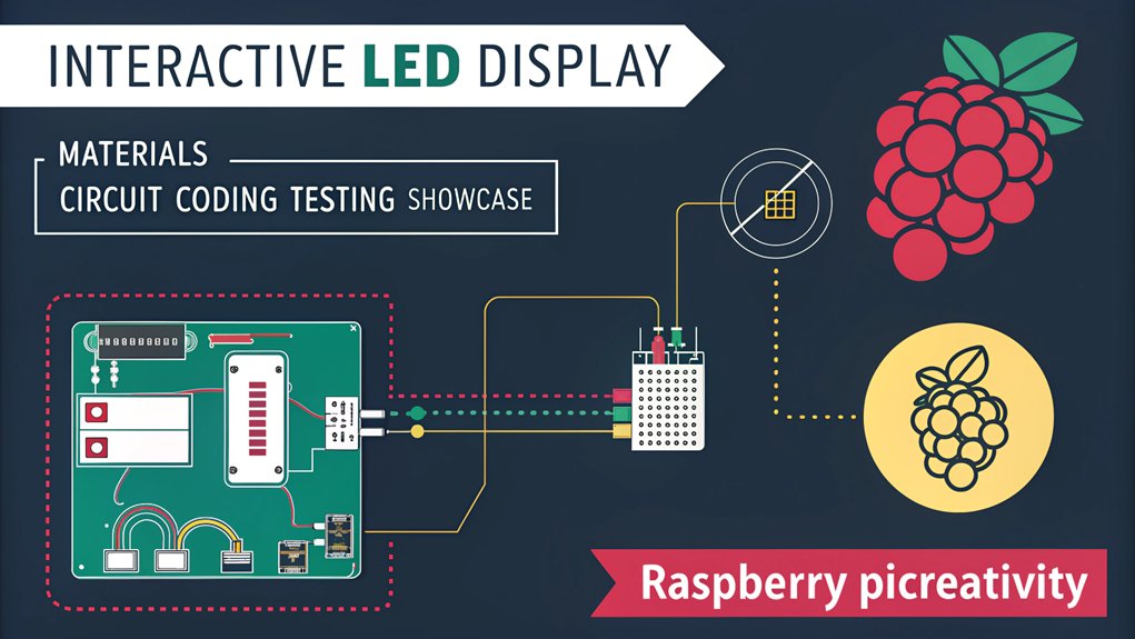 An infographic showing a step-by-step guide for students creating an interactive LED display with Raspberry Pi. Include components needed, circuit diagram, Python code snippet, and final project examples. Use bright colors on dark background with clear icons representing each stage from planning to completion.