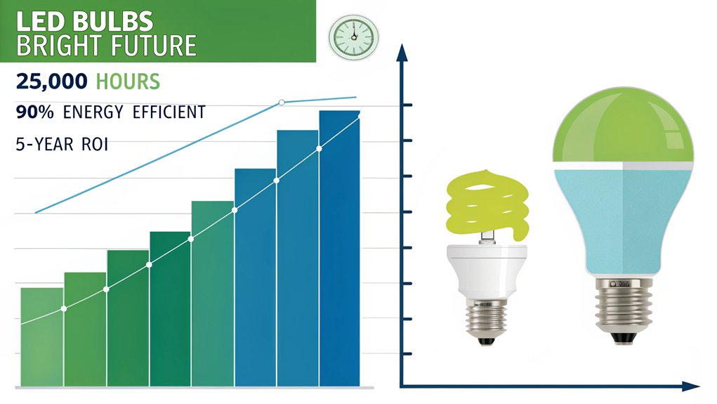An infographic showing LED bulb lifespan compared to traditional options. LED bulbs are an eco-friendly desk lighting option. Include a chart showing 25,000+ hour lifespan, energy savings graph, and cost comparison over time. 