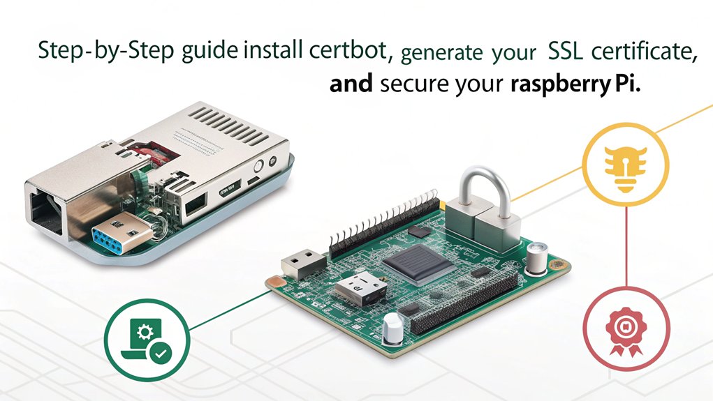 An infographic illustrating the steps to create a Lets Encrypt SSL Certificate on a Raspberry Pi.