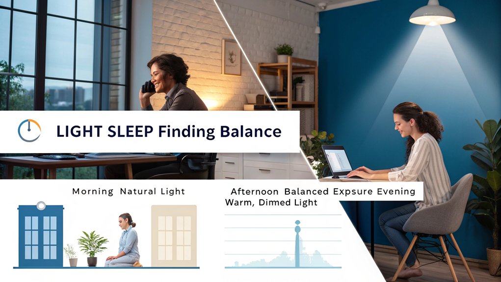 An infographic illustrating how natural and artificial lighting impacts circadian rhythms and sleep quality in home offices. Show contrasting effects of blue light vs. warm light, optimal lighting throughout day, and practical solutions for balancing productivity with health. Include science-backed recommendations for lighting adjustments.