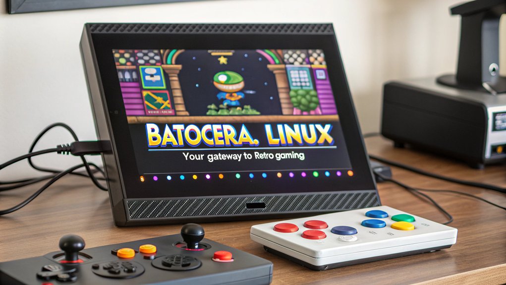 A realistic image depicting a mini PC running Batocera.linux, showcasing its interface for retro gaming with vibrant arcade game graphics.