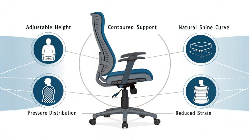 An infographic illustrating proper lumbar support features in ergonomic office chairs, using simple icons and a blue-gray color scheme. Show a cross-section view of a chair back with labeled support components and correct spine alignment.  This is a key idea to boost productivity with ergonomic chairs