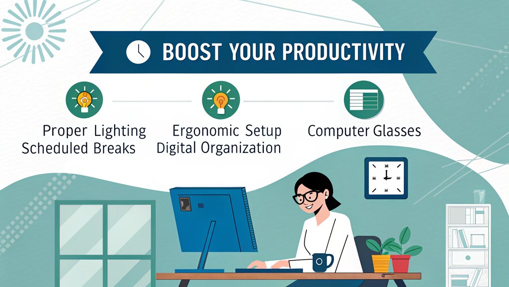 An infographic showing 5 ways to boost home office productivity, featuring a person wearing computer glasses at a desk. Include sections on proper lighting, ergonomic setup, eye health with computer glasses, scheduled breaks, and digital organization tools.