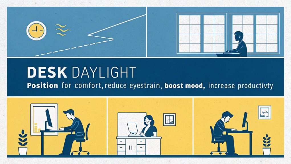 An infographic illustrating optimal desk positioning for natural light in an ergonomic workspace. Show windows, desk placement options, and light angles throughout the day. Include eye strain reduction, improved mood, and productivity benefits. Use a blue and yellow color scheme with simple illustrations of desk setups.
