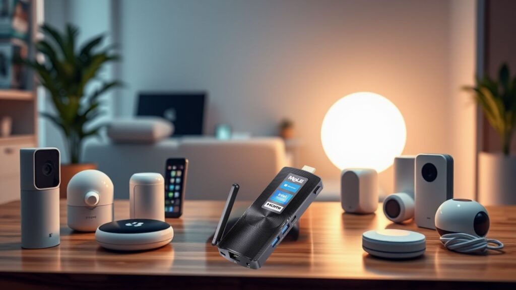A futuristic smart home setup where a compact mini PC is central to various connected devices, with smart sensors and IoT gadgets displayed around it. This highlights one of the uses of the MeLe PCG02 as a IoT hub.
