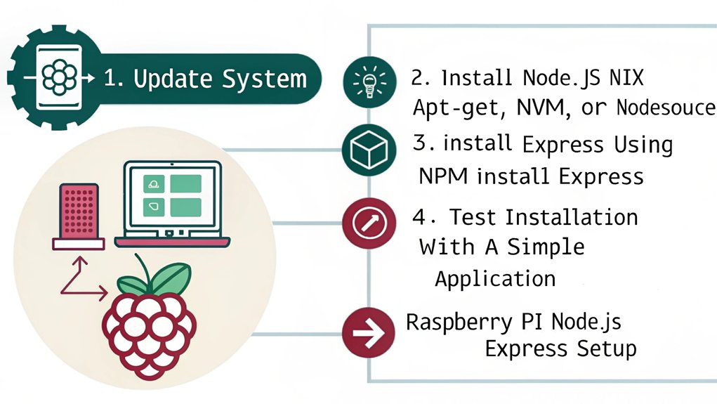 An infographic showing step-by-step installation of Nodejs with Express on a Raspberry Pi. Include updating system, installing Node.js (via apt-get, NVM, or NodeSource), verifying installation with node -v, installing Express using npm install express, and testing with a simple application.