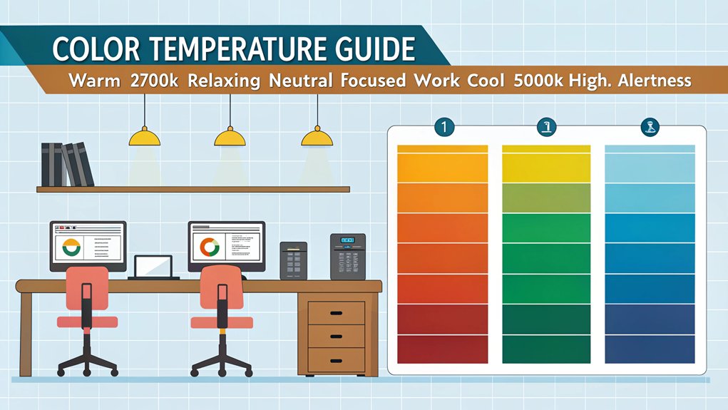 An infographic showing how different color temperatures affect productivity in computer workspaces. Include 3 temperature ranges (2700K-3000K, 3500K-4300K, 5000K+) with appropriate colors, brightness levels (300-500 lux), and when to use each setting during the day for optimal work performance.