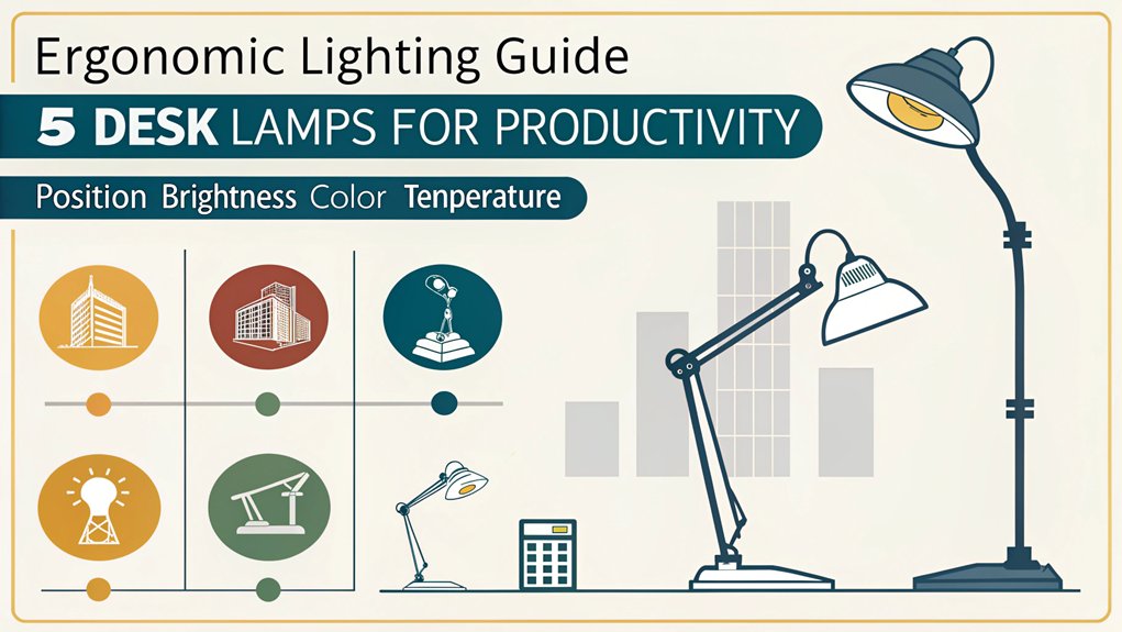 An infographic showing 5 desk lamp types for your home office (gooseneck, architect, clip-on, LED panel, banker's lamp) with their ergonomic benefits, proper placement, and ideal light temperatures for productivity (3000K-5000K). Include icons representing reduced eye strain, improved focus, and proper posture.