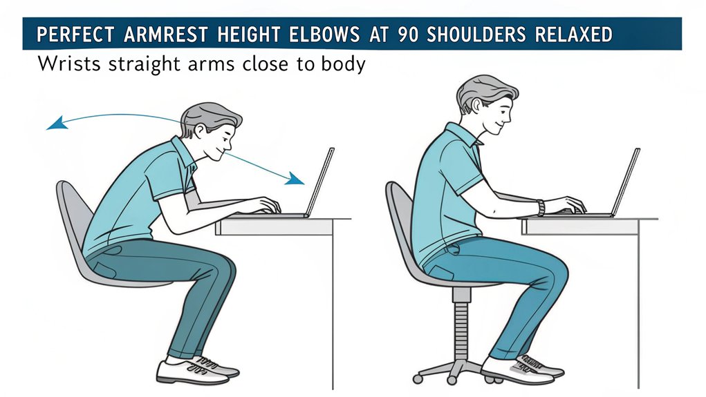 An infographic showing a side-view illustration of proper armrest positioning while typing, with anatomically correct arm angles of 90-110 degrees. Use minimal colors, focusing on blues and grays. Include simple arrow indicators pointing to key positioning elements. 