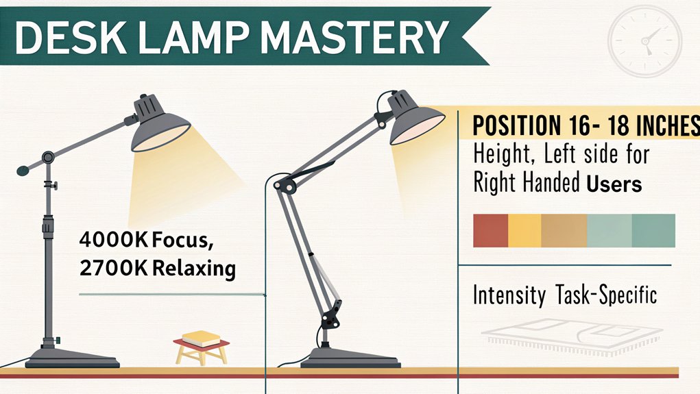 An infographic showing optimal desk lamp positioning for productivity. Illustrate different lamp heights, angles, and distances, with color temperature guides (warm for relaxing, cool for focus). Include examples of proper positioning to reduce eye strain and improve task lighting. 