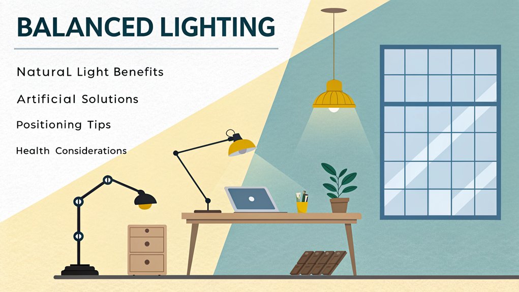 An infographic showing home office lighting strategies comparing natural and artificial lighting. Include visual elements of windows, desk lamps, overhead fixtures, and proper positioning.