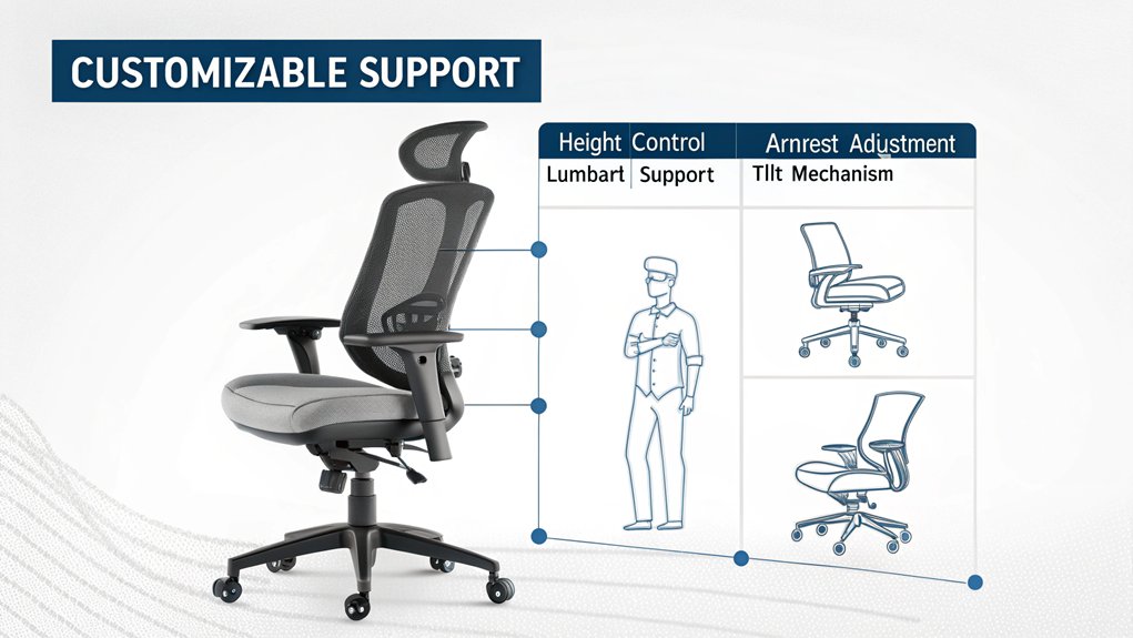An infographic depicting customizable chair features, showing a modern ergonomic office chair with labeled adjustment points using clean lines and blue icons. Include height adjustment, armrest positioning, lumbar support, and seat tilt mechanisms through simple, minimal illustrations.