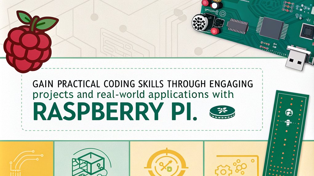 An infographic showcasing the benefits of Raspberry Pi for coding skills development. Highlight hands-on experience, project-based learning, and community support. The only text in the image is as follows: "Gain practical coding skills through engaging projects and real-world applications with Raspberry Pi."

