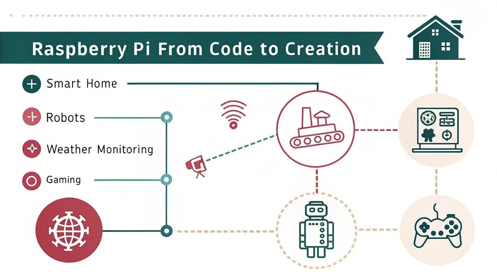 An infographic showing real-world applications of Raspberry Pi for learning programming. Display 4 areas: home automation, robotics, weather stations, and retro gaming consoles, with simple icons and connecting lines showing the progression from beginner to advanced projects.