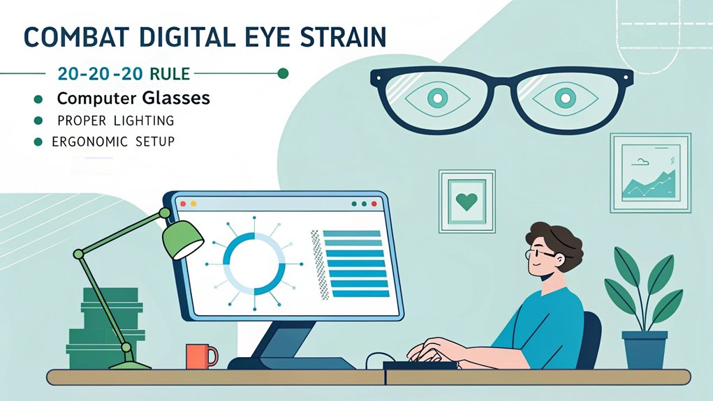 :An infographic showing ways to prevent digital eye strain when working from home, featuring the benefits of computer glasses as a central solution. Include the 20-20-20 rule, proper lighting tips, ergonomic monitor placement, and blue light filtering benefits.
