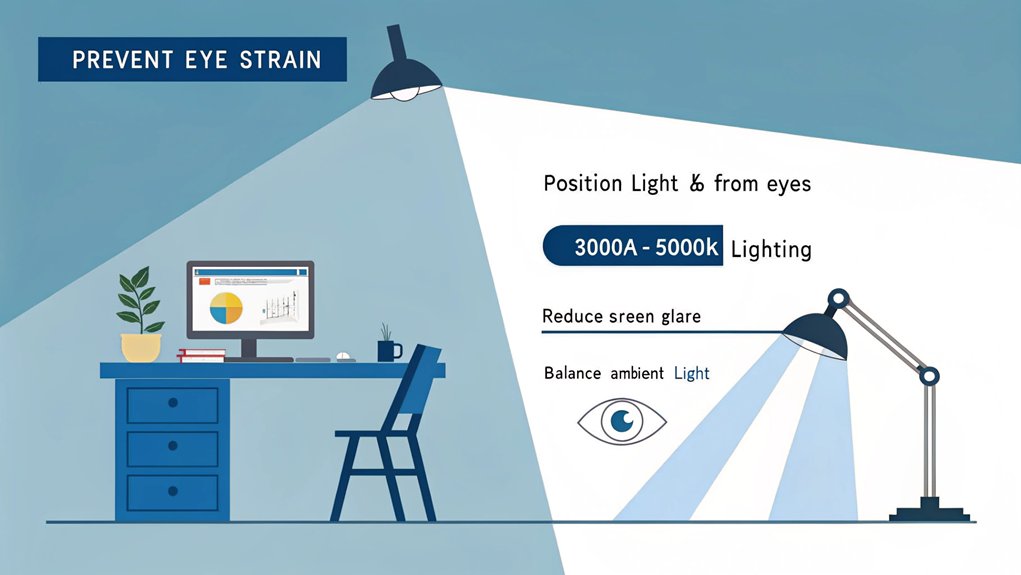 An infographic showing how proper light distribution prevents eye strain in workspaces. Include: 3-point lighting setup, optimal desk lamp positioning, color temperature comparisons (3000K vs 5000K), and contrast ratios between screen/surroundings.
