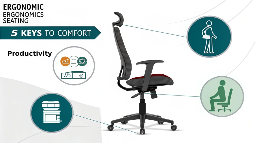 :An infographic illustrating the 5 essential features that improve work performance with ergonomic chairs: adjustable height, lumbar support, seat depth, armrests, and swivel functionality. Show how these elements properly align the body, reduce strain, and improve workplace productivity with simple icons and minimal text. 
