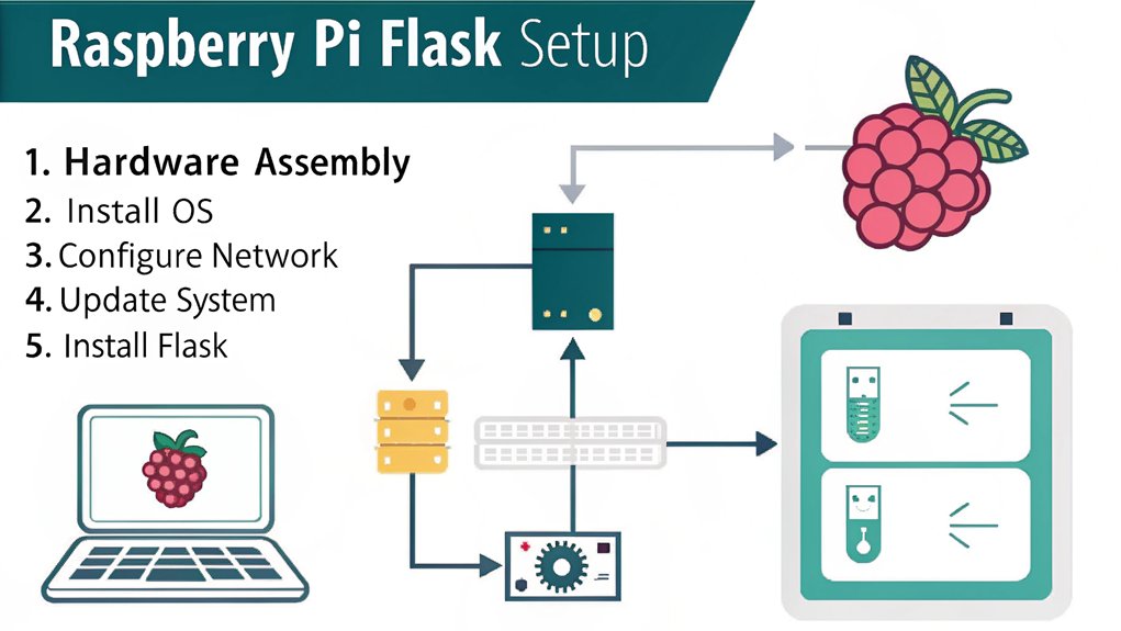 guide for installing flask on a raspberry pi, including assembling hardware, installing the OS, configuring the network, updating the system, then installing Flask.