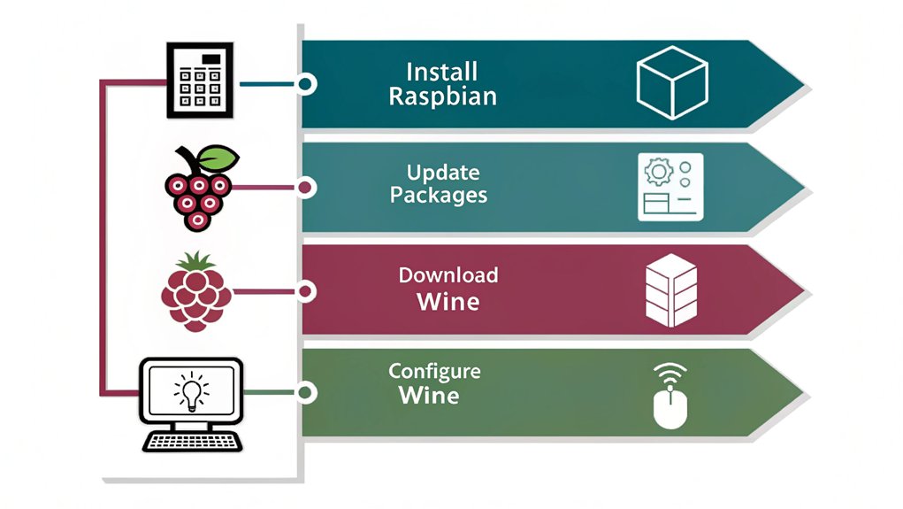An infographic outlining the steps to install Wine on a Raspberry Pi for installing Windows apps.