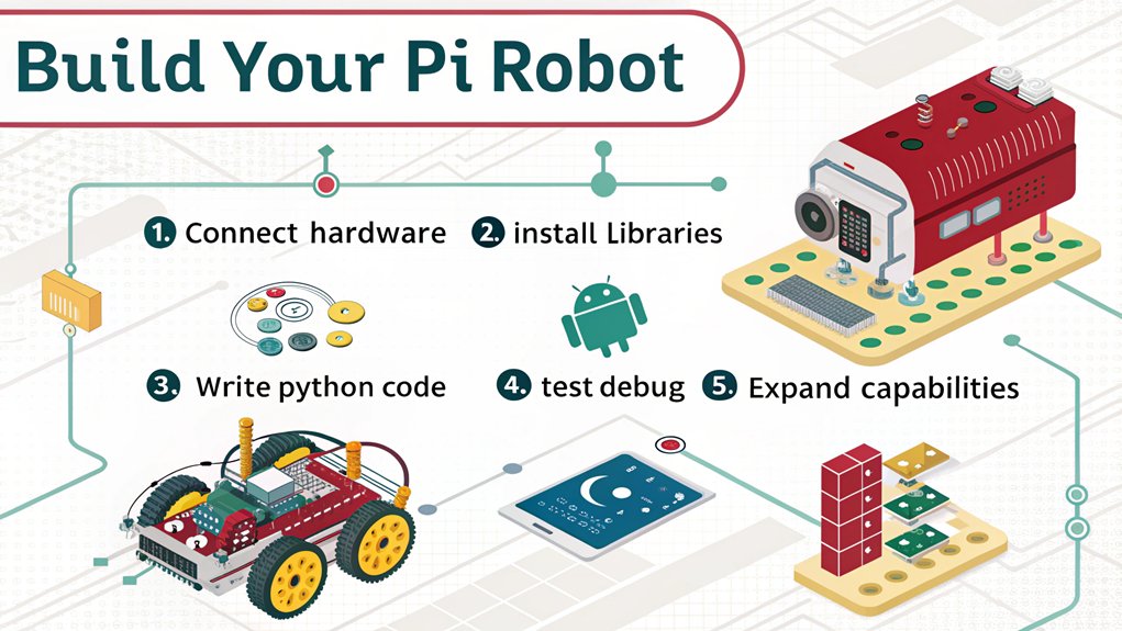 An infographic showing step-by-step instructions for programming a Raspberry Pi robot. Include colorful illustrations of components (Pi, motors, wheels, sensors), Python code snippets, and a completed robot. Show beginner students connecting components and testing basic movements.