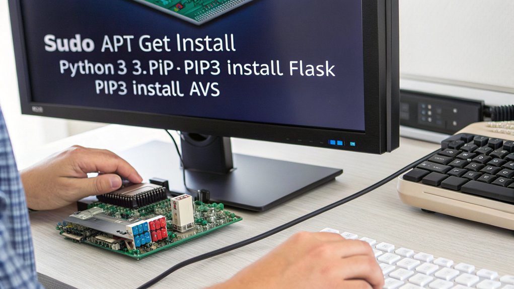 A realistic image showing a Raspberry Pi computer connected to a monitor displaying terminal commands for software installation. Nearby are Alexa-branded items. Close-up shot of hands typing on a keyboard while "apt-get install" commands run on screen. Clean desk setup with good lighting and sharp details.