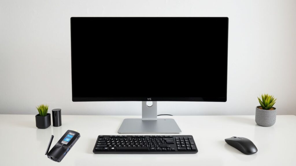 A professional setting featuring a generic monitor without a logo on a clean, modern desk. A bluetooth keyboard and bluetooth mouse (no wires) are nearby. Emphasize mobility, productivity, and sleek design.