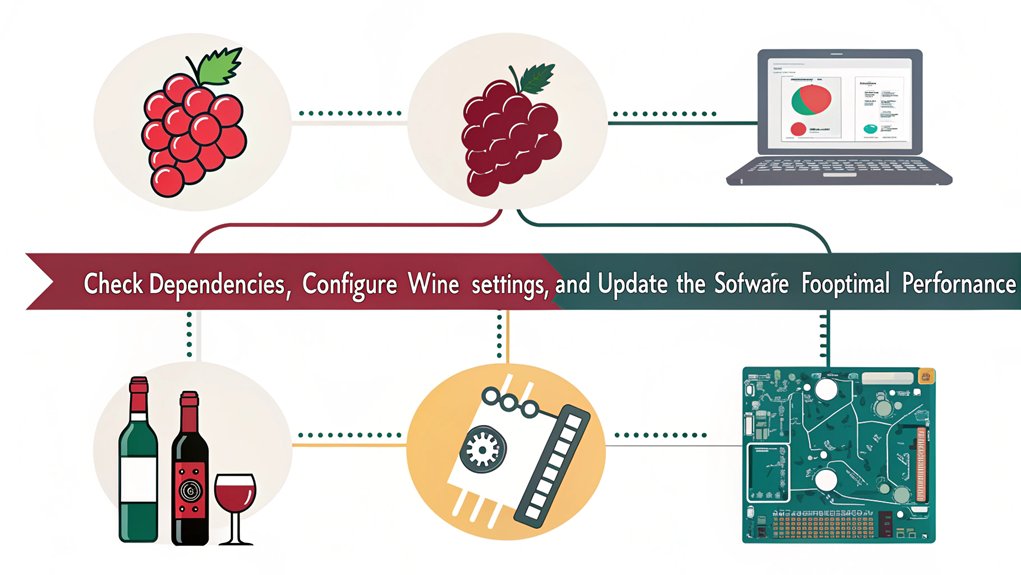 An infographic about troubleshooting common issues when running Windows apps with WINE on a Raspberry Pi.