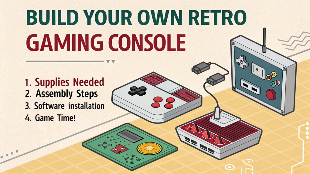 An infographic showing how to build a retro gaming console using Raspberry Pi, with simple step-by-step instructions. Include cartoon-style illustrations of components, connections, and software installation. One of several interesting Raspberry Pi projects for beginners in this article.