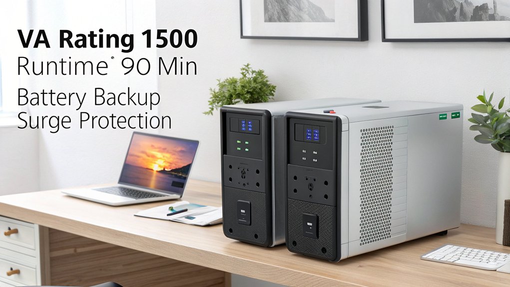 factors to consider when selecting a ups for a home office include the VA rating, runtime, battery backup and surge protection.