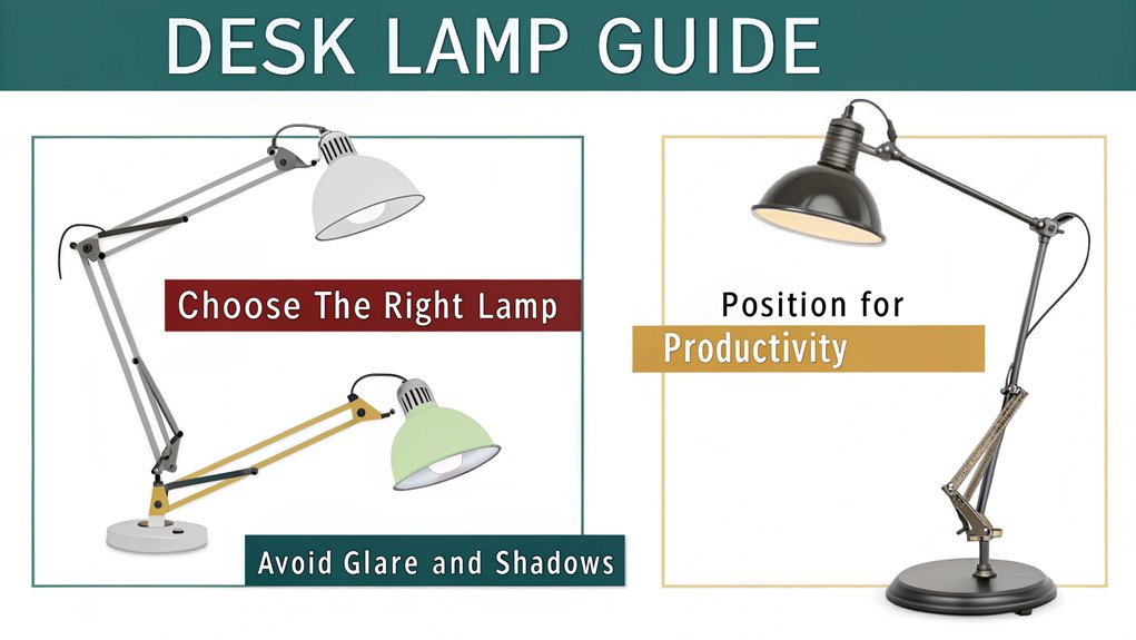An infographic showing 4 different desk lamp types (task, gooseneck, clamp-on, and architect) with their positioning benefits for workspaces. Include pros of each style, optimal placement locations, and lighting coverage zones using color-coded diagrams.