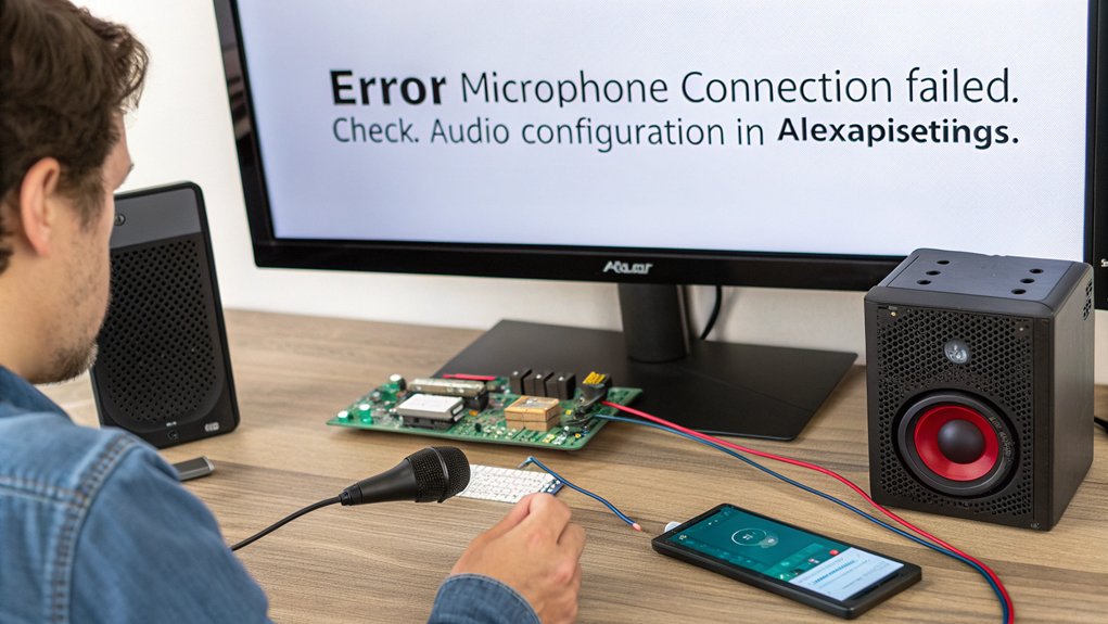 A realistic image showing a person troubleshooting setting up adding Alexa to a Raspberry Pi. The setup displays error messages on a monitor while the person consults documentation. Visible components include the Pi with LED indicators, speakers, microphone array, and a smartphone with Alexa app open nearby.