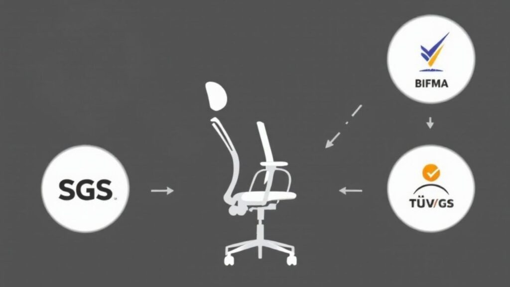 A comparison graphic-style image showing three logos or symbols – one for SGS, one for BIFMA, and one for TÜV/GS – with an ergonomic chair in the center. Perhaps arrows or checkmarks connecting each logo to the chair, illustrating that the chair meets all these standards and certifications.