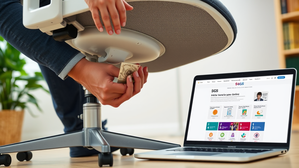 A person in a home office setting examining the underside of their office chair – perhaps highlighting a stamp on the gas lift or a sticker – with a laptop beside them showing the SGS website for verification. This visual emphasizes the act of checking and verifying a chair’s certification.