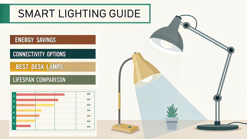 An infographic illustrating smart lighting technologies for home offices. Show various energy-efficient desk lamps (LED, halogen, fluorescent) with their wattage, lifespan, and connectivity features. Include a comparison chart of initial costs versus long-term energy savings.