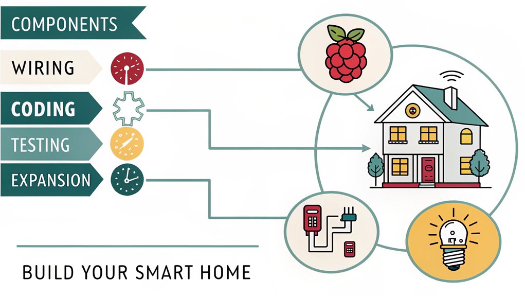 An infographic illustrating steps to build a home automation system with Raspberry Pi. This is one of many excellent Raspberry Pi Projects for students. It shows components (Pi, sensors, actuators), wiring diagram, code snippets, and implementation phases. Include benefits like energy savings and convenience. Use modern icons and a flowing layout that guides students through the DIY process.