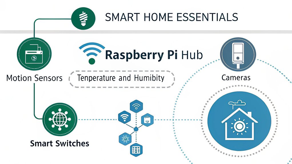 An infographic displaying key smart home hardware components centered around Raspberry Pi Home Automation tools. Show visual icons for motion sensors, temperature/humidity sensors, cameras, smart switches, and voice assistants connected to a central Pi hub.