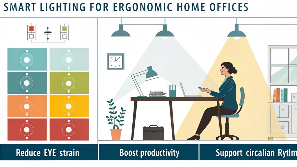 An infographic showing how smart lighting enhances home office ergonomics. Display various lighting zones, color temperatures, and positioning for reduced eye strain. Include circadian rhythm benefits and productivity statistics. Use a clean layout with icons of desk setups, lighting fixtures, and a person working comfortably