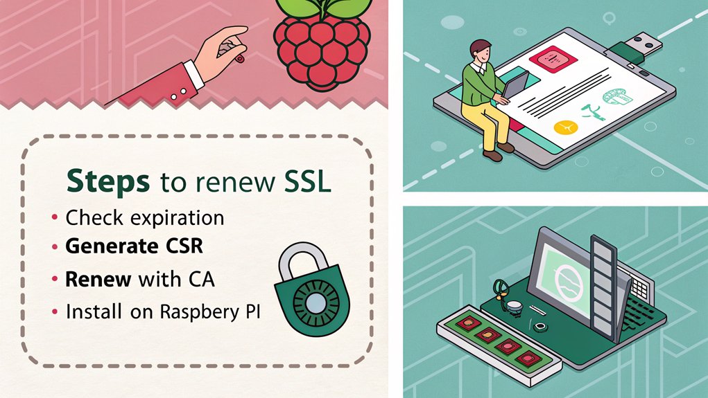 An infographic detailing the steps for renewing an SSL certificate on a Raspberry Pi. Include visuals for each step and highlight best practices.