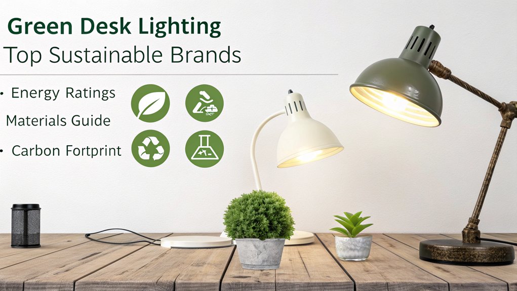 An infographic illustrating top sustainable lighting brands showing eco-friendly desk lamps with energy-efficient bulbs, recyclable materials, and carbon-neutral manufacturing. Include certification logos, power consumption stats, and lifecycle comparisons against conventional lighting.