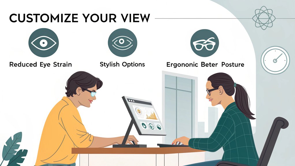 An infographic showing stylish computer glasses with labeled features for home office comfort. Use a split design showing "Before" (person with eye strain, poor posture) and "After" (comfortable, productive worker with computer glasses).