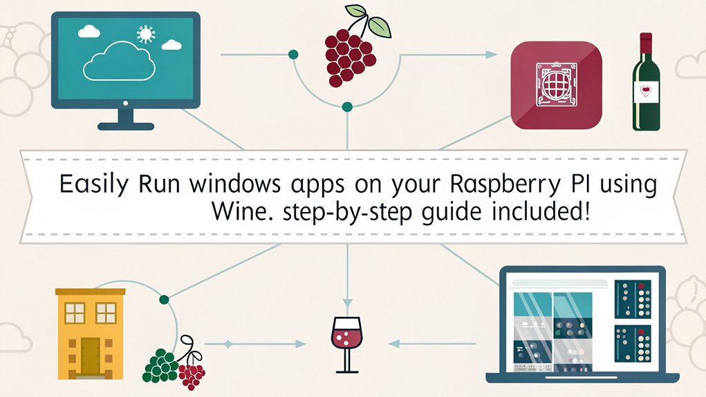 An infographic detailing how to run Windows applications with WINE on a Raspberry Pi. Illustrate the key steps, benefits, and compatibility.