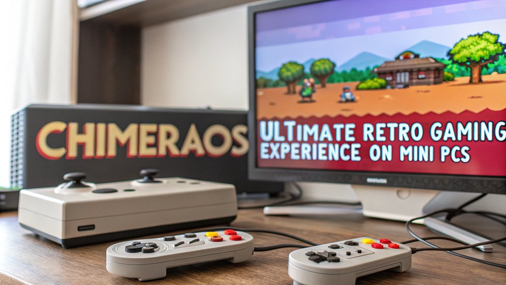 A realistic image showcasing a mini PC running ChimeraOS, highlighting its retro gaming capabilities. The scene includes retro games displayed on a vibrant monitor, with gaming controllers in the foreground.