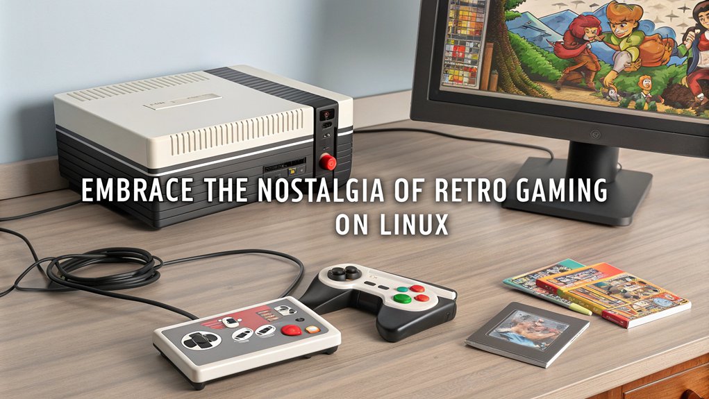 A realistic image of a Retro Home Alpha Build setup on a Mini PC, showcasing various Linux distributions for retro gaming on a mini pc. The scene includes vintage game controllers, a CRT monitor displaying pixel art, and nostalgic memorabilia.