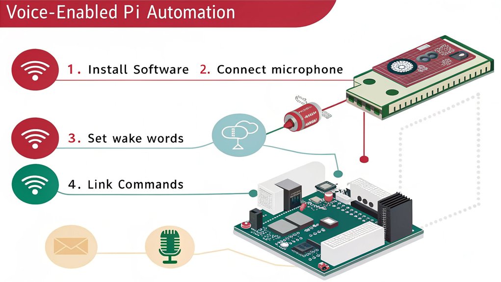 An infographic illustrating how to integrate voice control with Raspberry Pi home automation systems. Show step-by-step setup process: installing voice recognition software, connecting microphone hardware, configuring wake words, and linking to home automation commands. Include visual comparison of Mycroft, Google Assistant, and Alexa options.