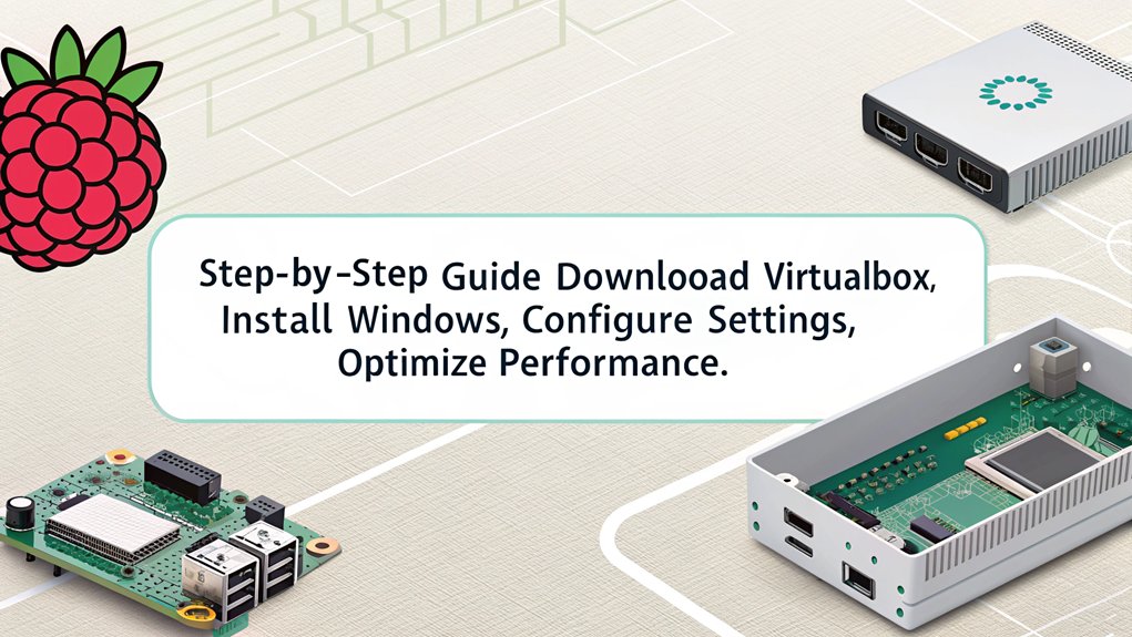 An infographic highlighting steps to install and configure Windows in VirtualBox on a Raspberry Pi.